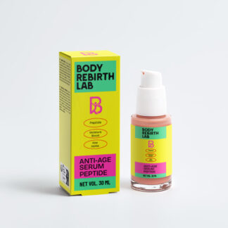 BodyRebirthLab Peptide Anti-Aging Serum, a 30 ml pump bottle of rose coloured serum standing beside its yellow carton