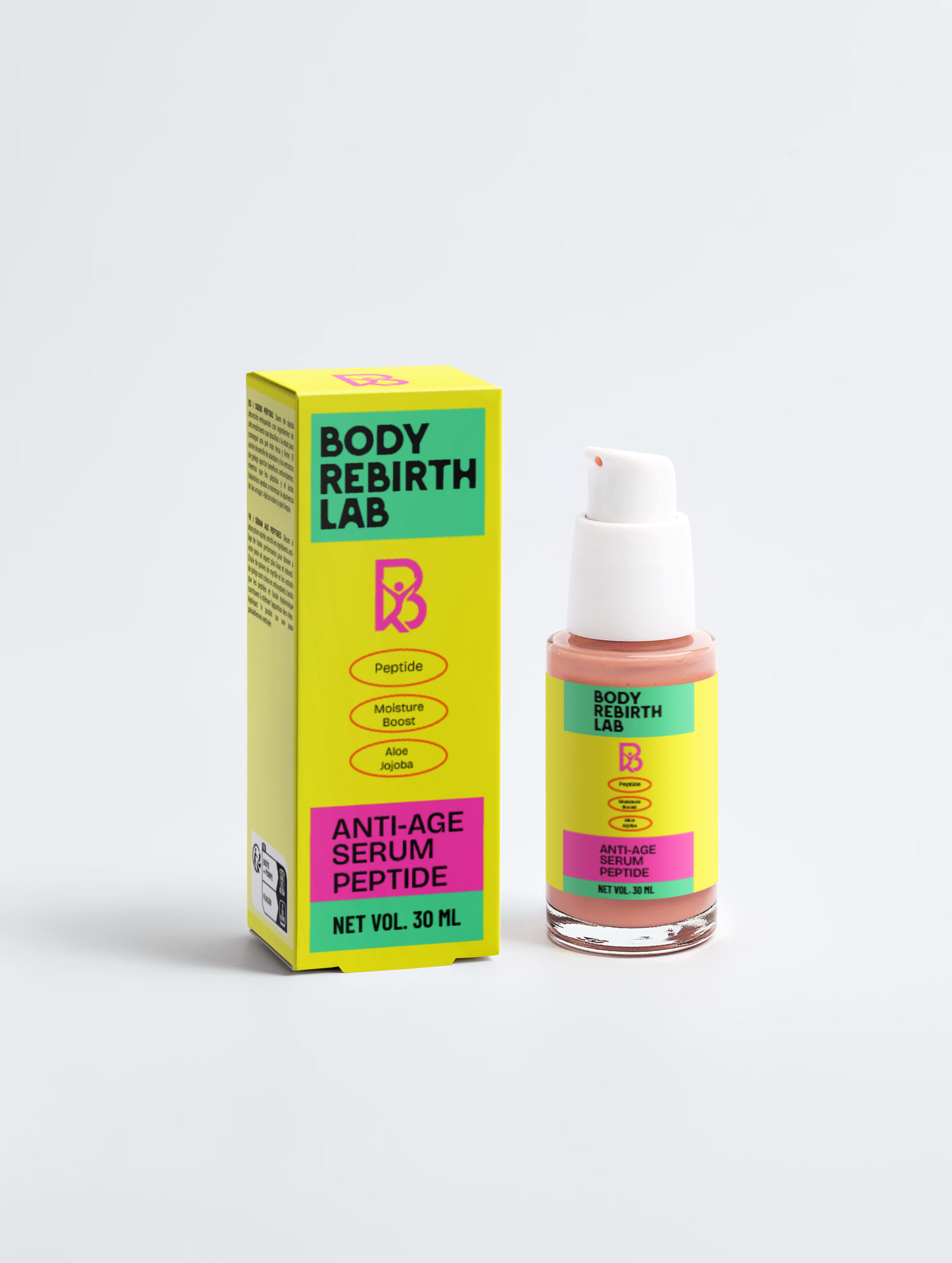 BodyRebirthLab Peptide Anti-Aging Serum, 30 ml pump bottle beside its yellow and pink carton