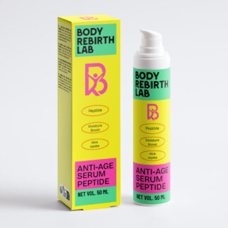 BodyRebirthLab Peptide Ageless AM/PM Cream, a 50 ml yellow pump bottle standing beside its carton