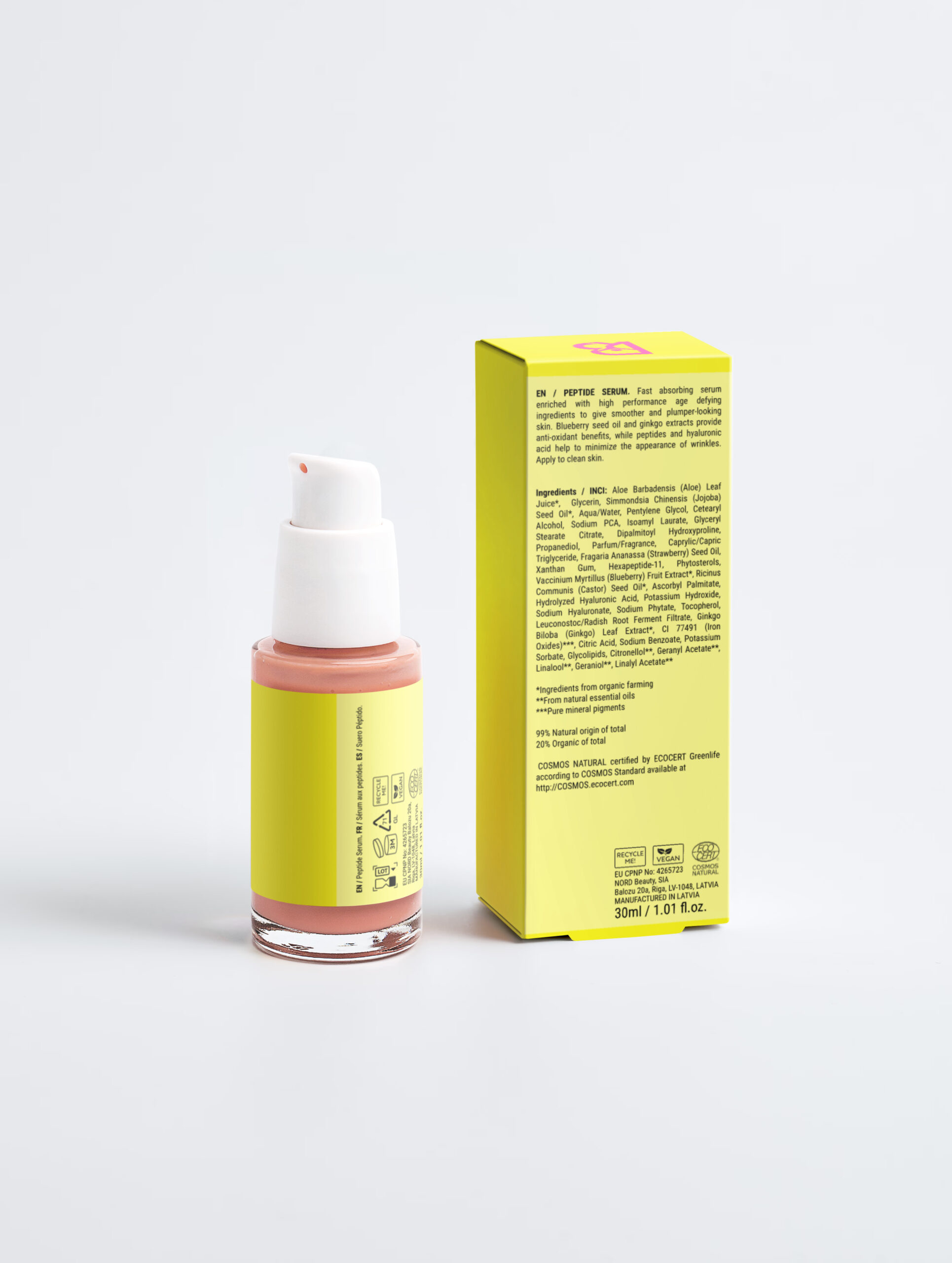 Back of the BodyRebirthLab peptide serum carton, showing the full INCI ingredients list and COSMOS NATURAL certification by ECOCERT