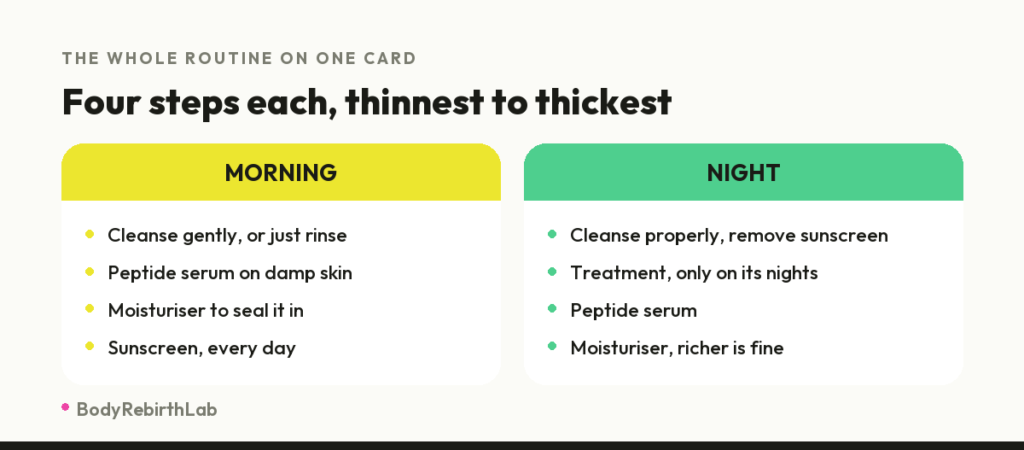 Morning and night skincare routine, four steps each, applied thinnest to thickest, ending in sunscreen by day and moisturiser by night